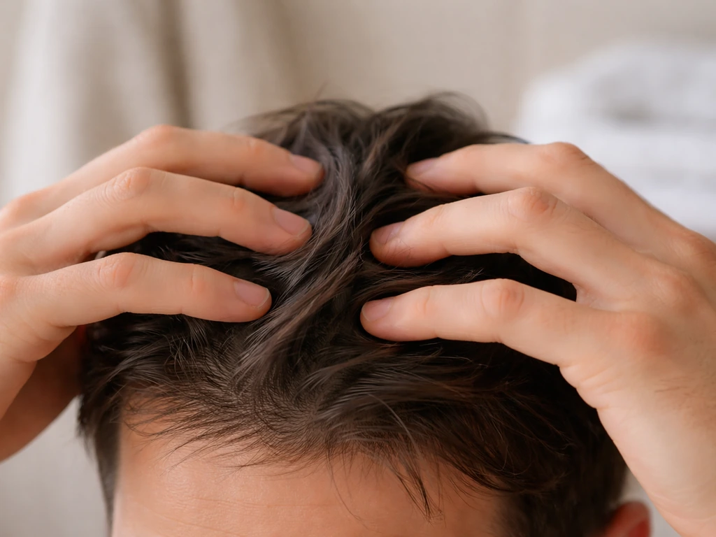 Close-up of fingertips gently massaging an adult scalp in a simple daily routine.