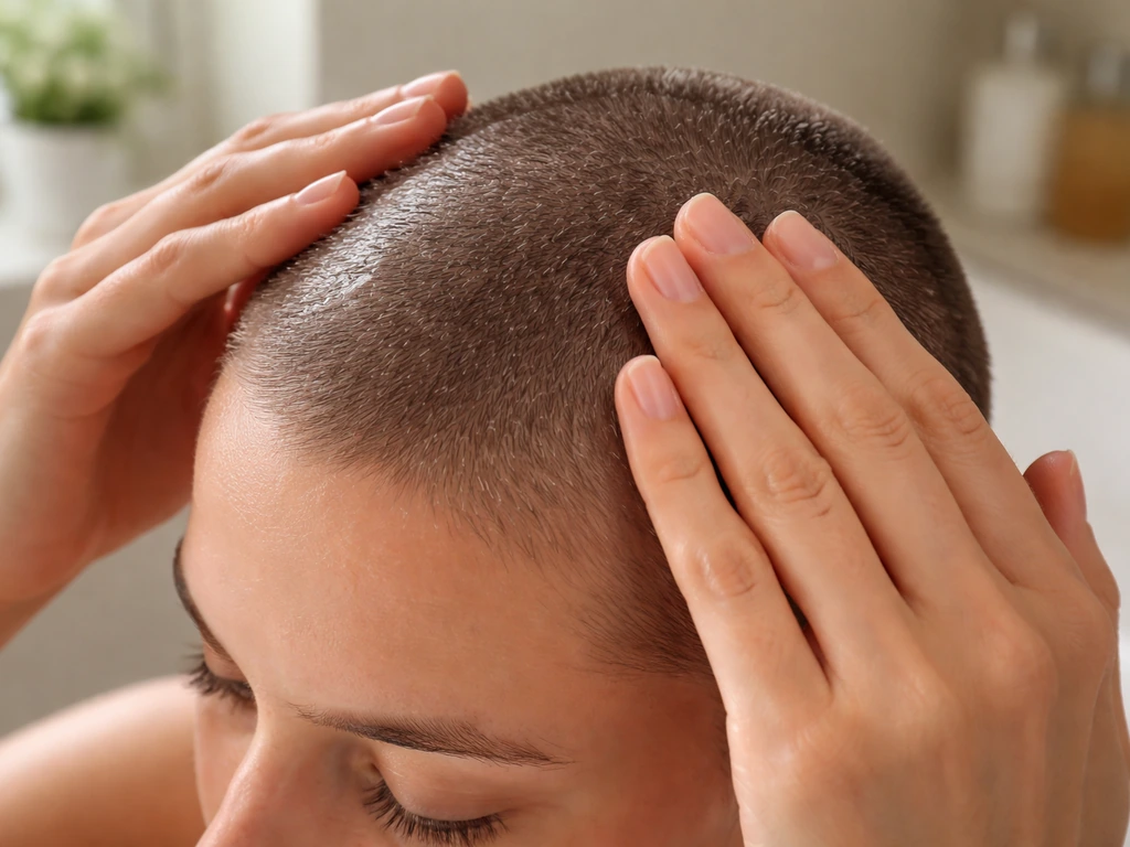 Close-up of short hair being gently smoothed with a light leave-in product in natural light.