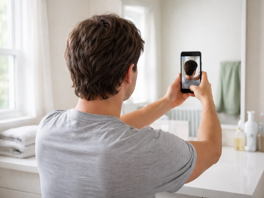 Anonymous person seated at a vanity taking a consistent hair-growth photo with a smartphone in natural light.