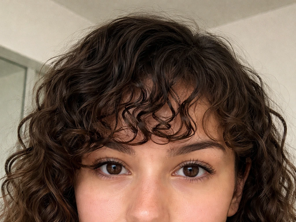 Close-up of curly bangs at an awkward mid-grow-out length, showing shrinkage and controlled styling.