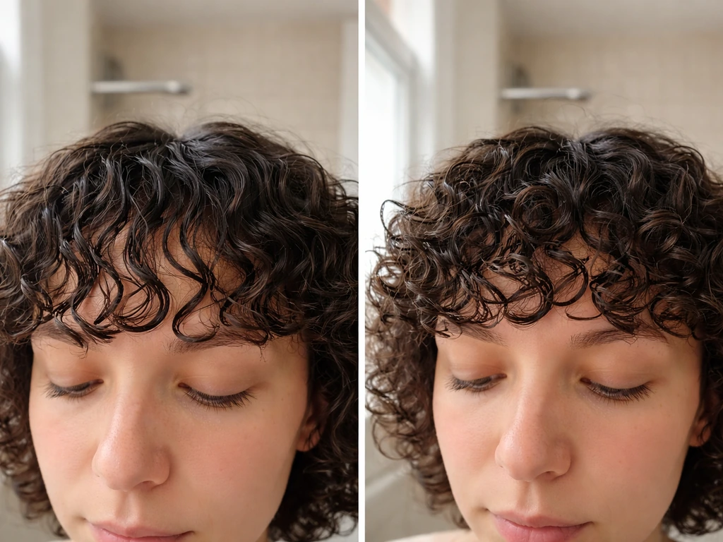 Two close-up views of short curly bangs showing shrinkage, one wet and one air-dried, side by side.