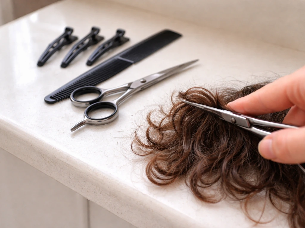 Close-up of scissors and clips trimming dry, styled curly bangs to remove bulk and uneven ends.