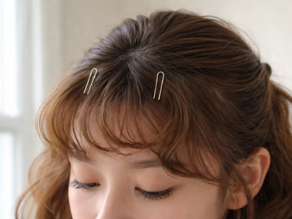 Person’s bangs being tucked with U-shaped clips as curls settle, minimal bathroom lighting.