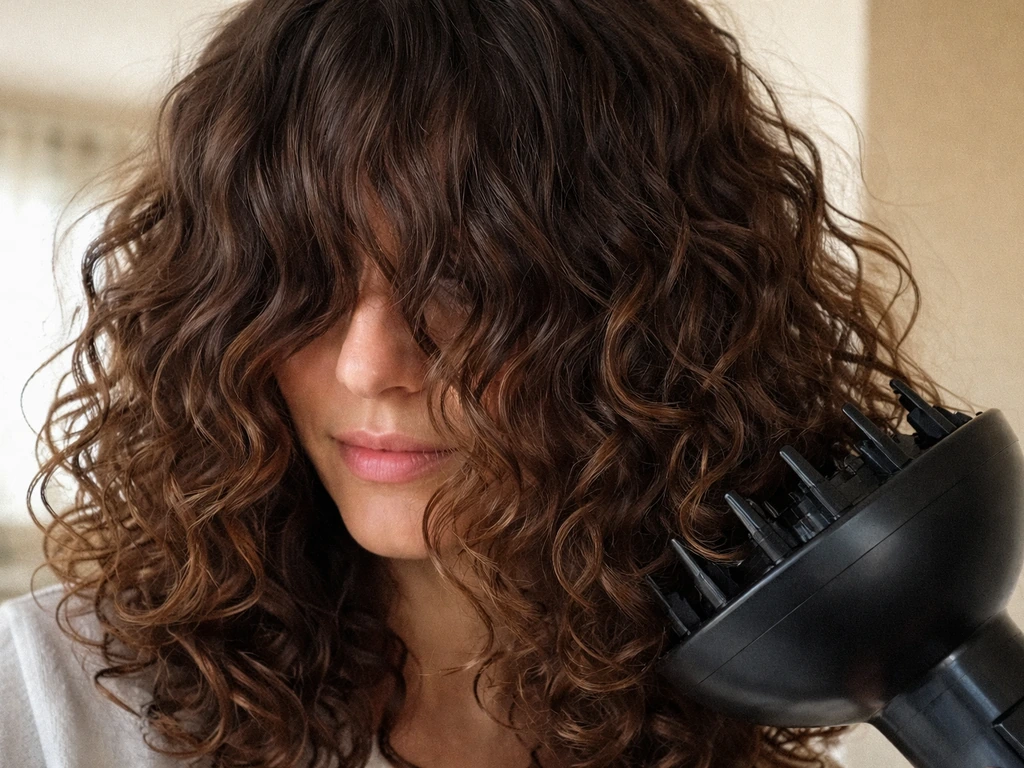 Long curly bangs blending into face-framing hair, lightly finished with diffuser in natural light.
