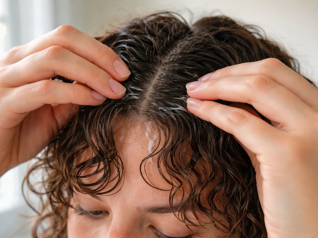 Hands applying curl cream to the bang root, smoothing frizz and a cowlick on curly hair.