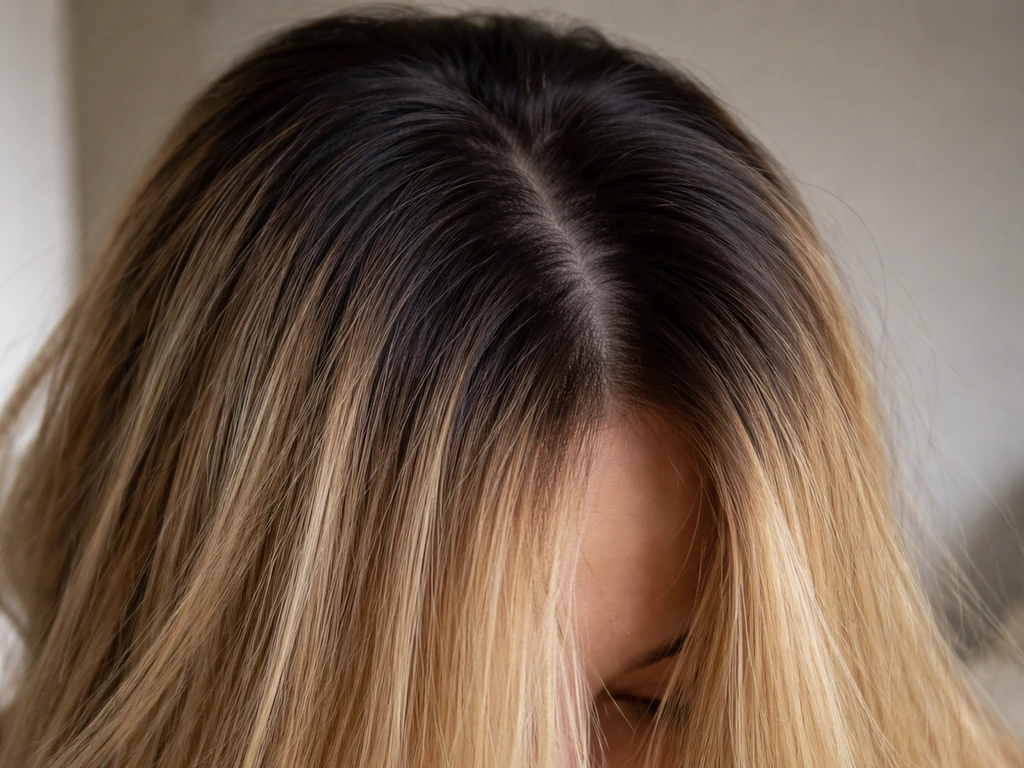 Close-up of hair with visible dye-fade demarcation line and new regrowth roots.
