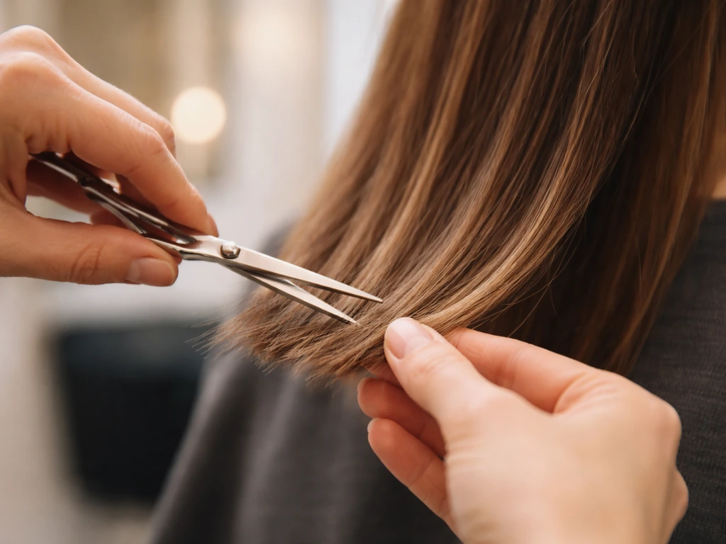 Hairdresser dusting the very ends of a client’s hair with small snips using scissors.