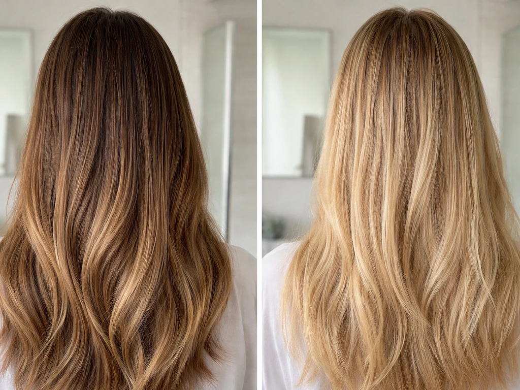 Split image of hair: left natural fade, right lighter processed look from color removal, no face shown.