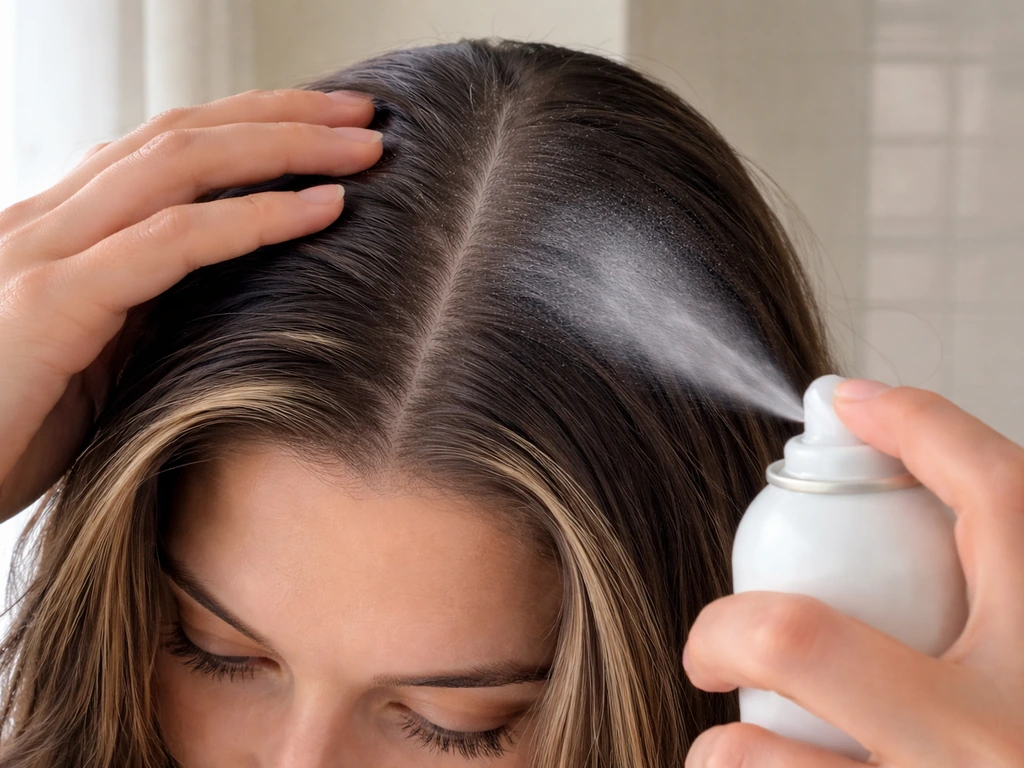 Person softly parting hair from side to center while applying root-concealing dry shampoo near the scalp.