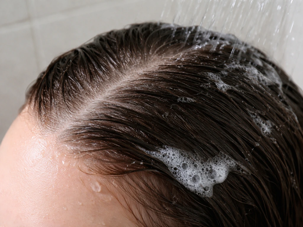 Close-up of a clean unclogged scalp during gentle hair wash with shampoo lather rinsing away