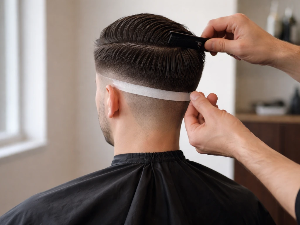 Barber chair with a comb and cape, showing neat guide lines and side blend markers for a grow-out haircut.