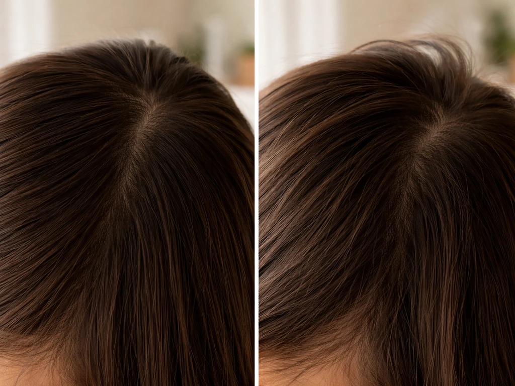 Close-up of cowlicks: regrowth hair lying unevenly next to smoother hair after blow-drying.
