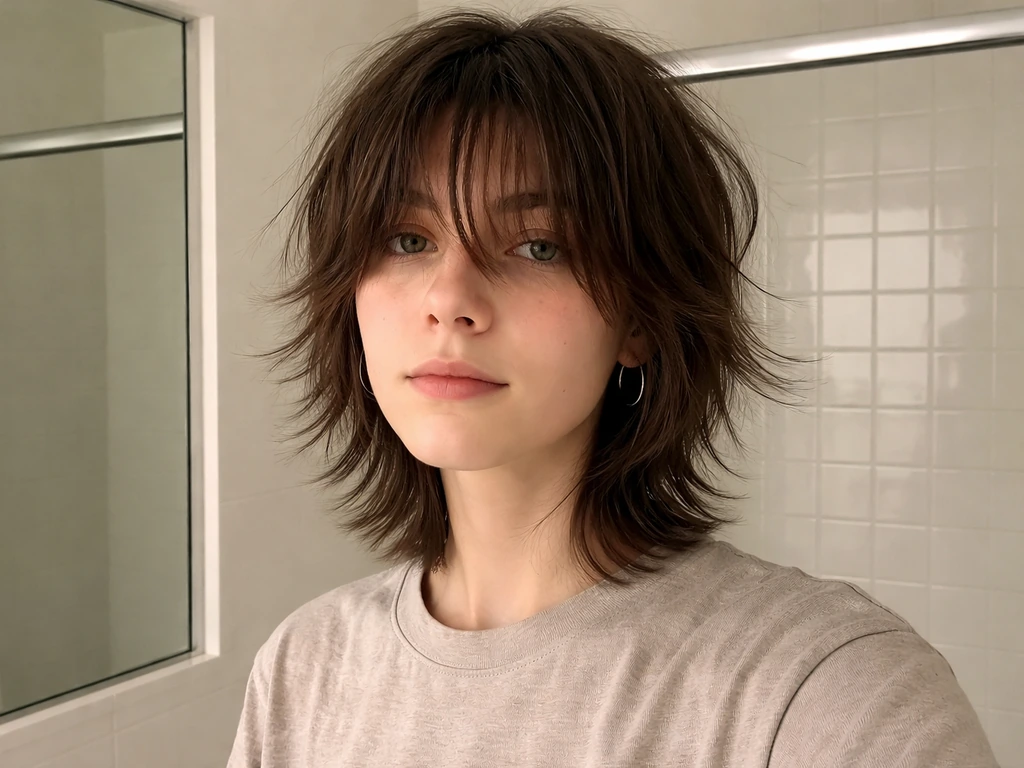 Person with chin-to-shoulder choppy skater hair and soft fringe in a bright, minimal bathroom setting.