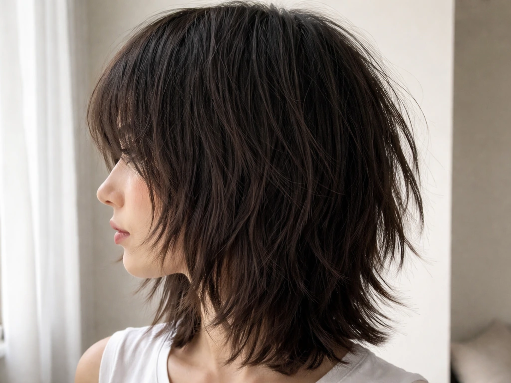Close-up of an anonymous person’s chin-to-shoulder skater haircut with intentionally choppy layers and optional fringe