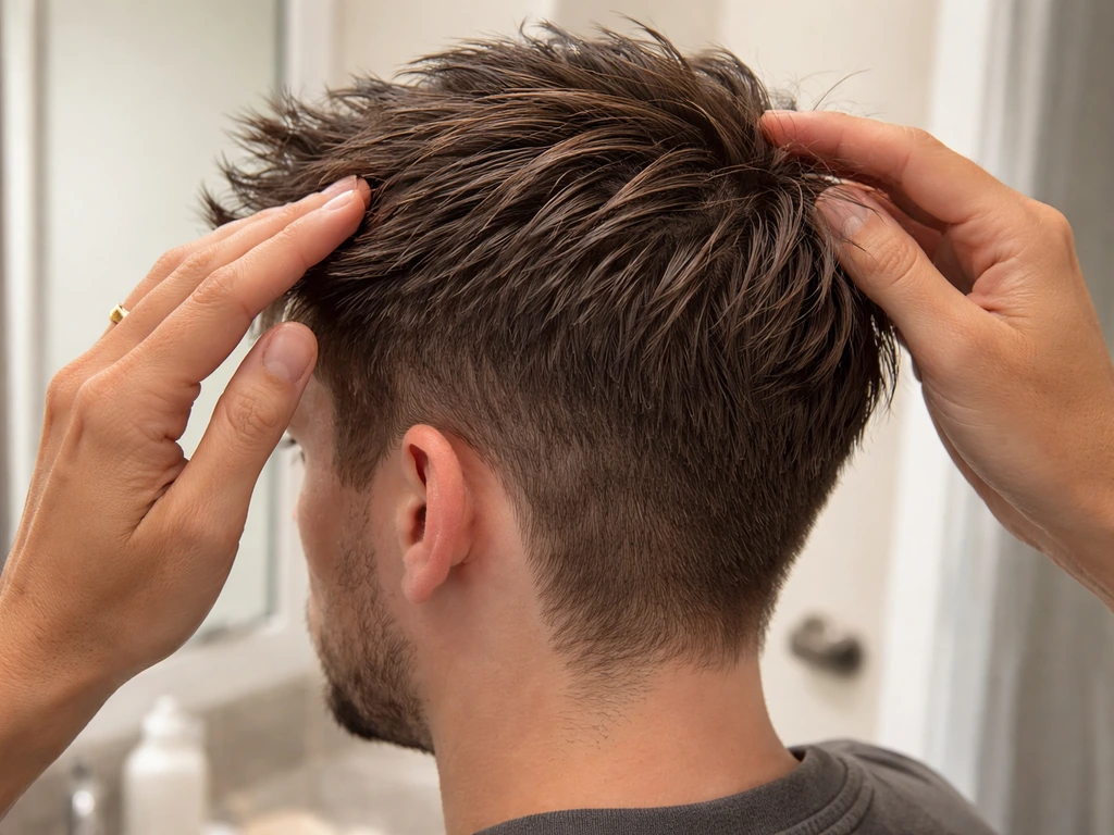 Close-up of a person’s hair grow-out at an early awkward stage, patchy lengths with a longer top.