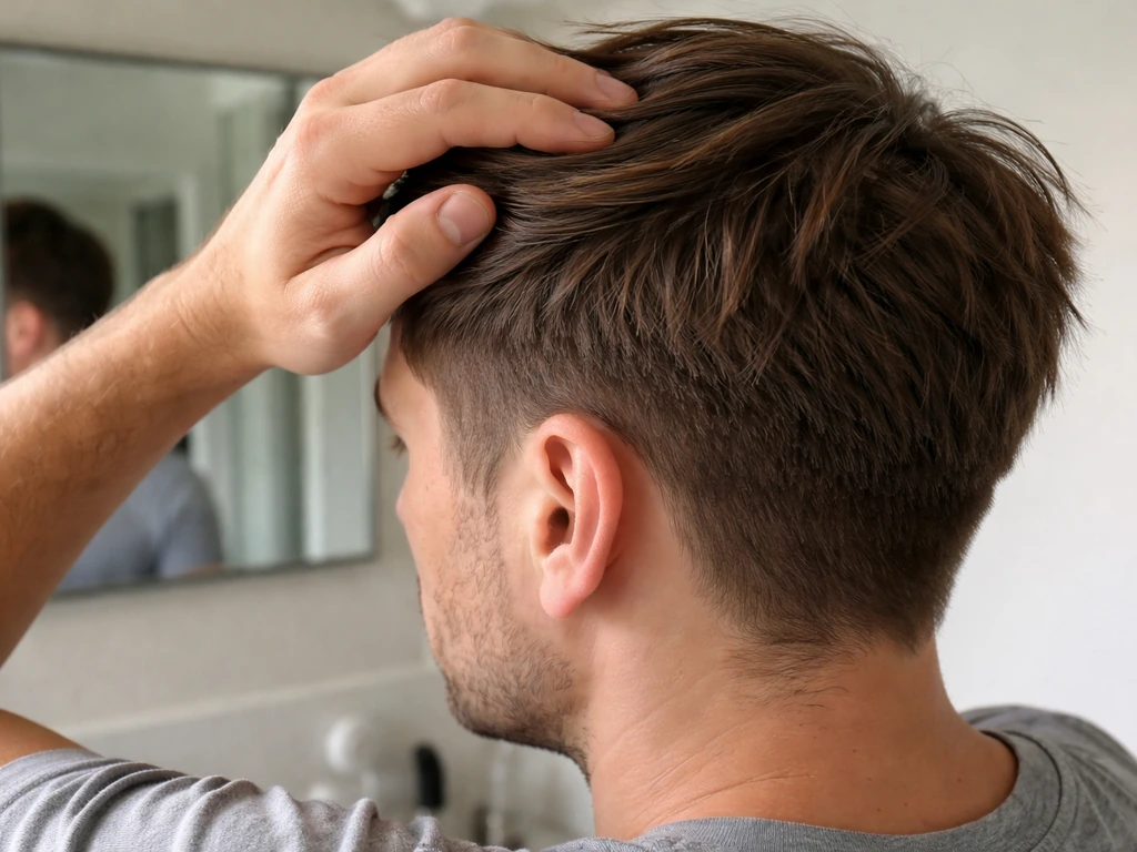 Anonymous person pinning a side-part on messy growing hair, showing awkward front and flipping back hair.