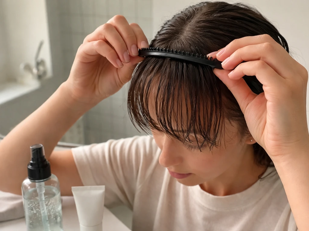 Person’s hands styling damp bangs with a black clip headband while sea salt spray sits nearby