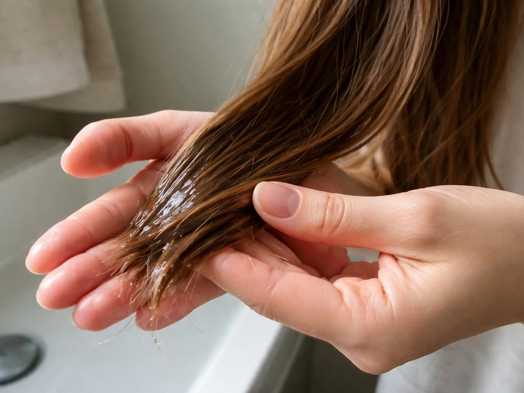 Hands applying a clear conditioning treatment to healthy hair strands near the ends