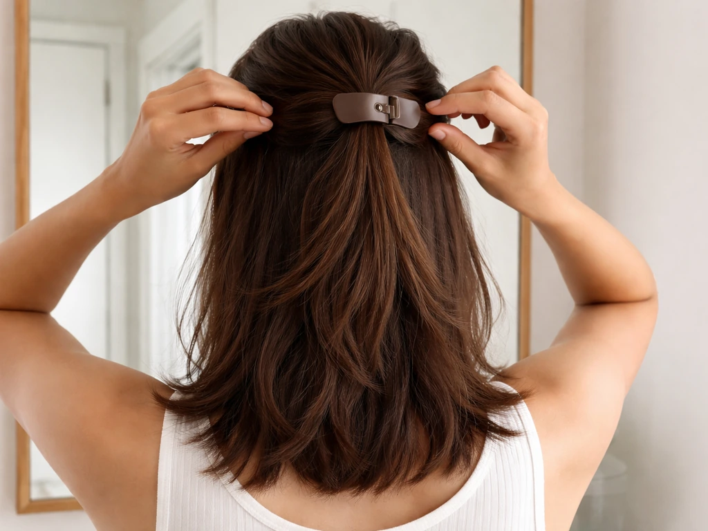 Unisex person using a hair clip to manage mid-grow-out hair, ends look healthy in natural light.