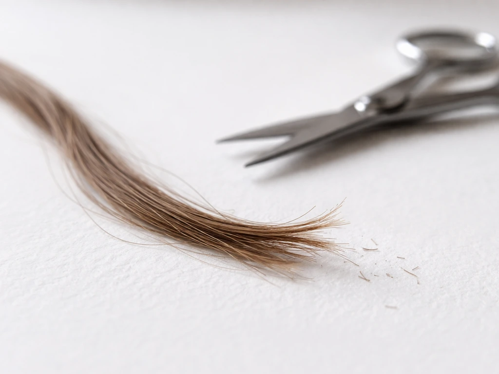 Macro close-up of hair ends with early split ends being snipped off on a clean white surface.