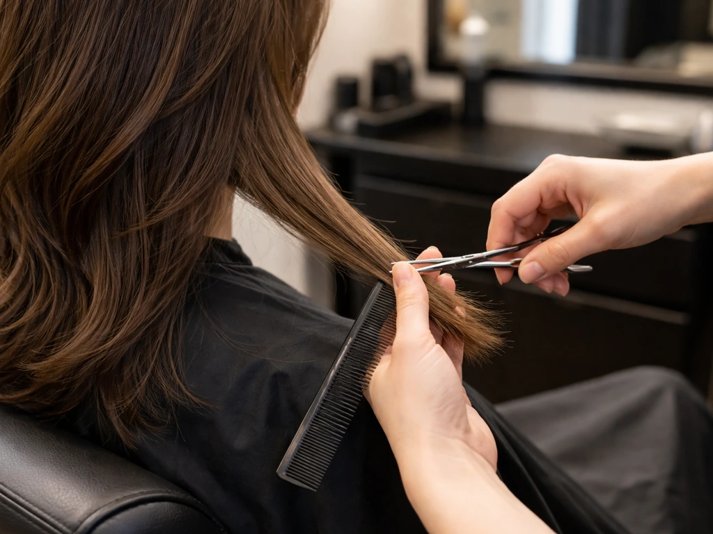 Barbershop scene with a stylist combing and dusting only the hair tips beside a seated anonymous client.