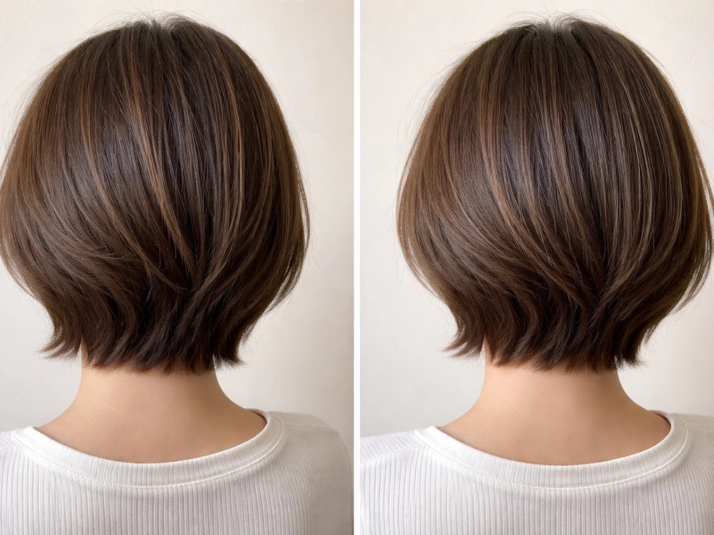 Two side-by-side hair grow-out shots from chin-length bob, showing reduced bulk and blended layers