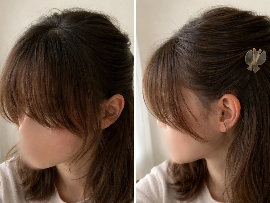 Woman using a small hair clip to sweep bangs away from face, with hair tucked off to the side