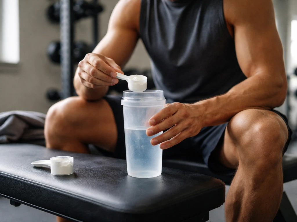 Gym-goer on a bench with a pre-workout scoop and shaker bottle before training