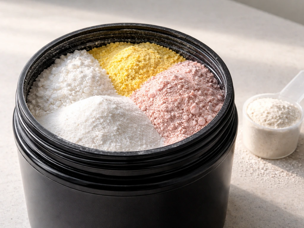 Close-up of a pre-workout tub and scoop with clearly separated ingredient powders in sections.