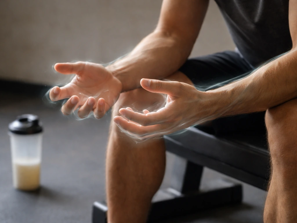 Forearms and hands with subtle glowing tingles, with a nearby pre-workout shaker bottle on a gym floor.