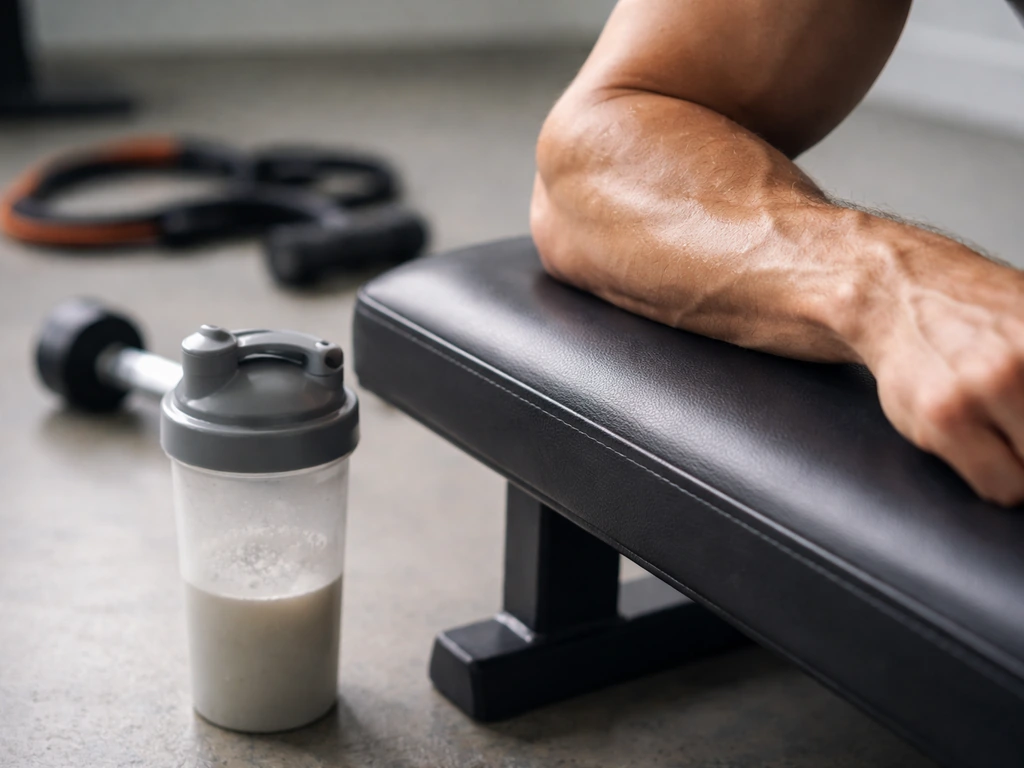 Forearm near dumbbell and resistance bands, with a shaker bottle suggesting pre-workout pump.