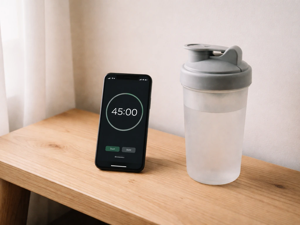 Phone timer set for 45 minutes next to a pre-workout shaker in a quiet home gym.
