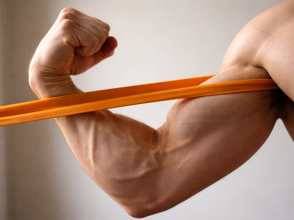 Close-up of a flexing arm with a resistance band pulled taut to show mechanical tension.