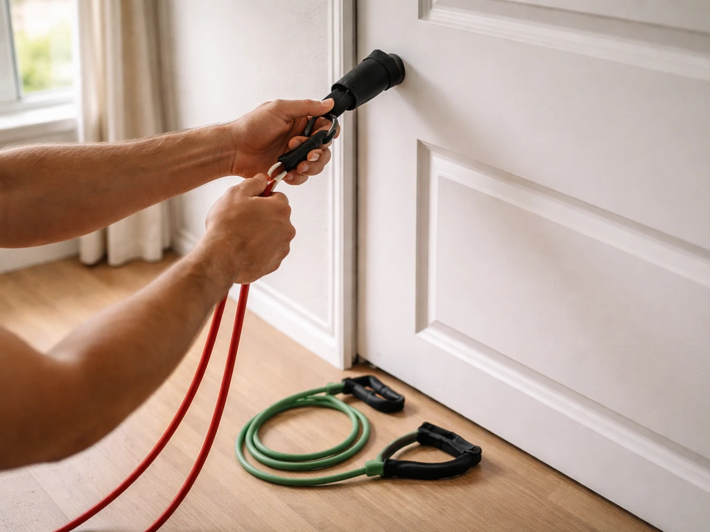 Person in gym anchoring and swapping exercise bands to a heavier resistance, showing progression setup