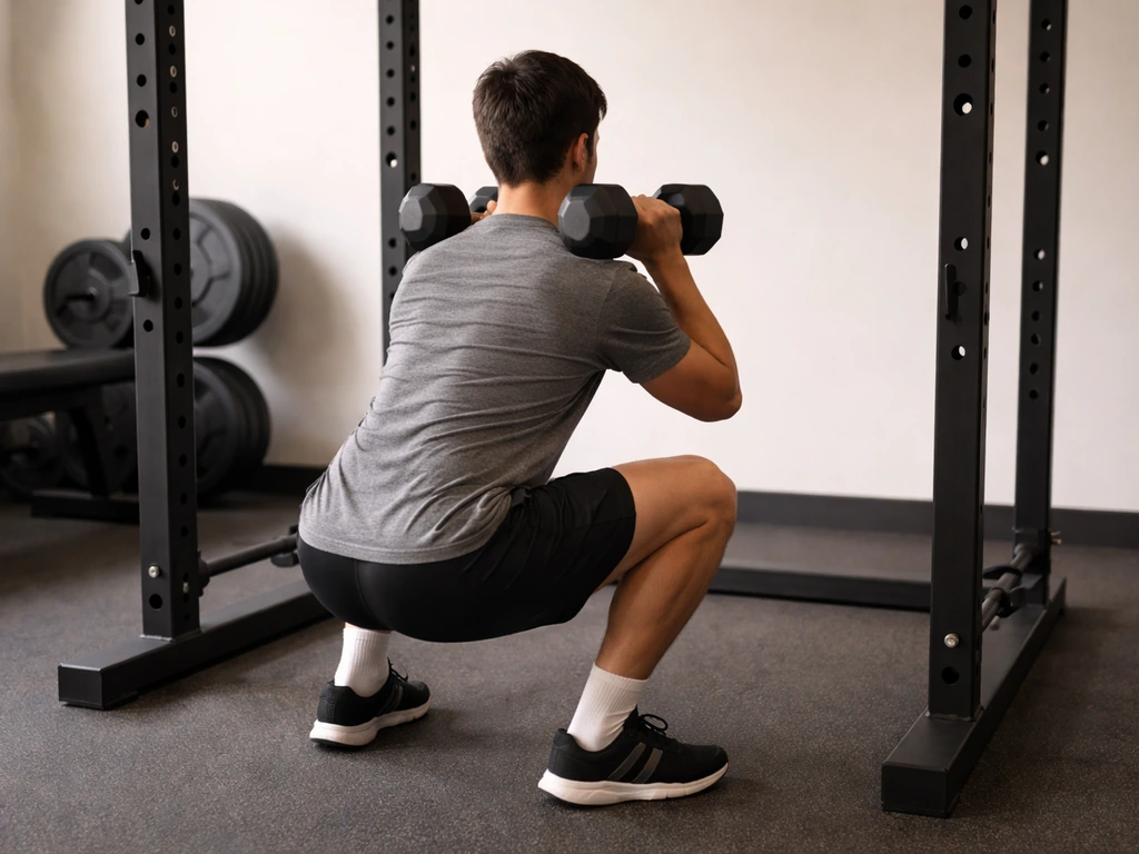 Beginner lifting dumbbells in a gym, focused on safe form and muscle growth training.