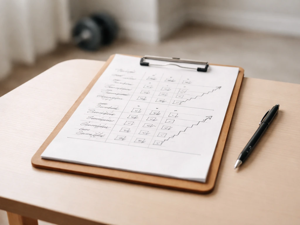 Minimal photo of a clipboard with a handwritten weekly workout plan showing sets, reps, and progression.