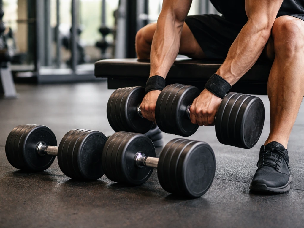 Anonymous lifter gripping dumbbells on a flat bench, with heavier dumbbells nearby to suggest progressive overload.