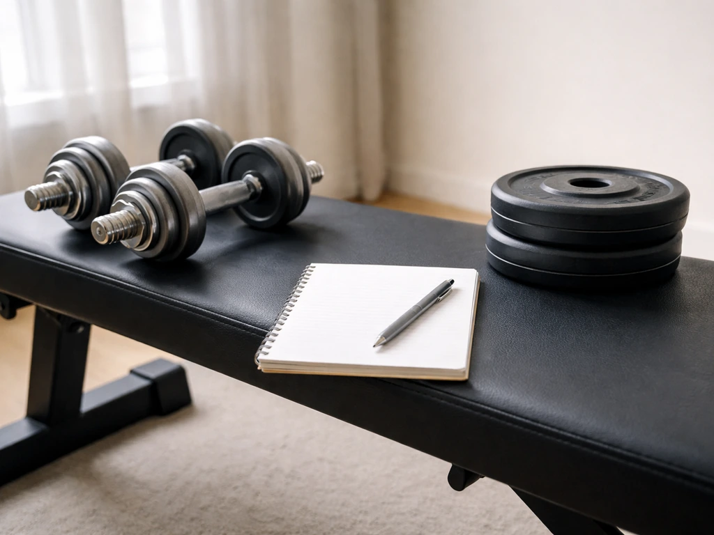 Minimal home gym scene with dumbbells and weight plates beside a blank notebook and pen.