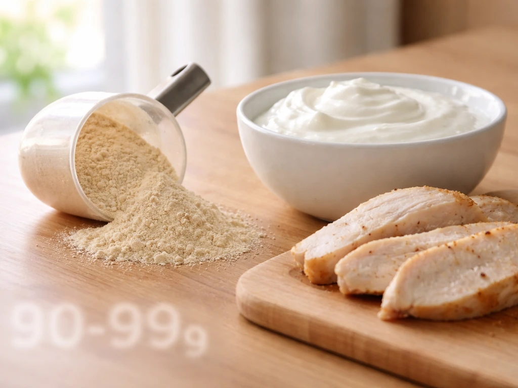 Protein scoop and simple foods on a wooden counter with a subtle intake-target overlay effect.