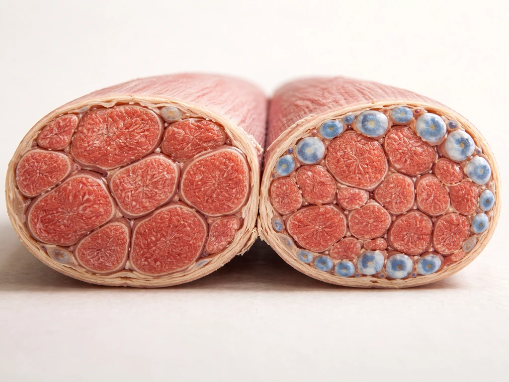 Minimal microscopic-style view comparing enlarged muscle fiber and satellite-cell integration.