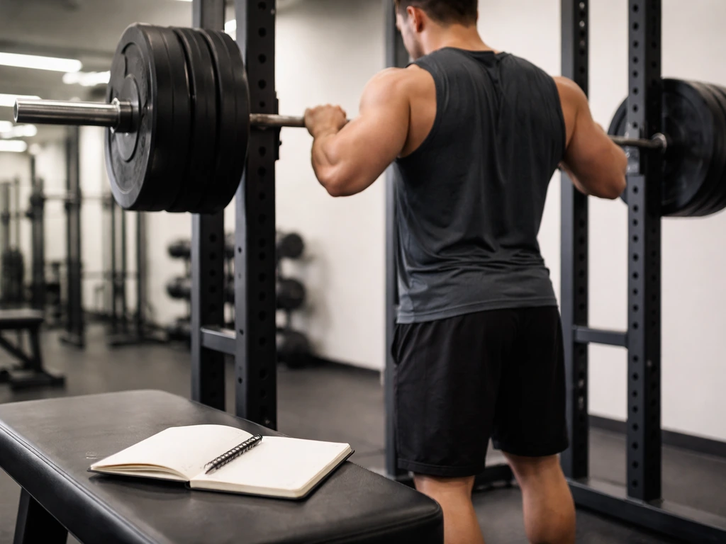 Lifter in a quiet gym adds weight on a squat rack while jotting reps on a training log.