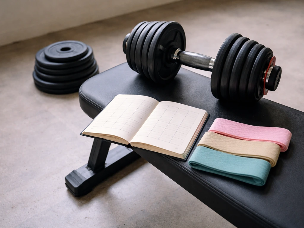 Dumbbell and blank notebook with three plain cloth bands suggesting low to high weekly training volume.