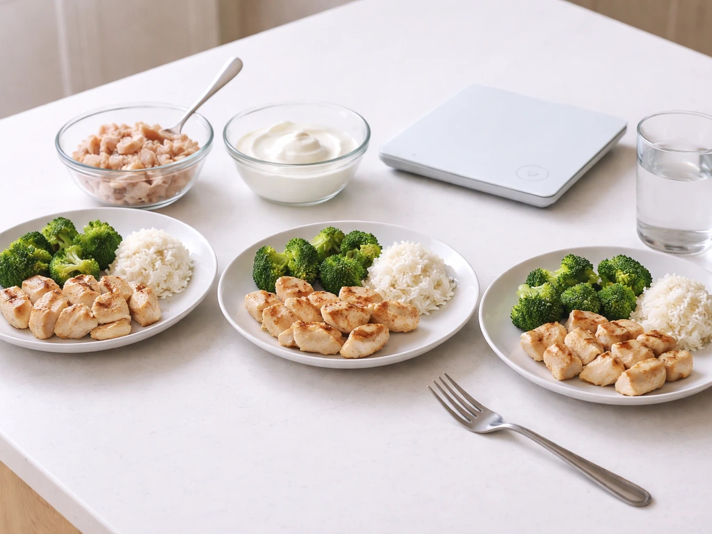 Three meal plates with measured protein portions and a simple high-protein meal-planning setup