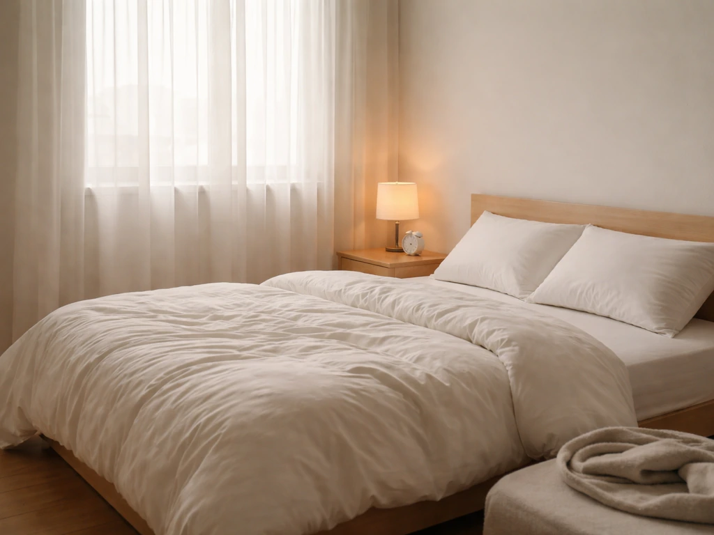 Minimal bedroom scene showing a neatly made bed and a bedside lamp to suggest an 8+ hour sleep window