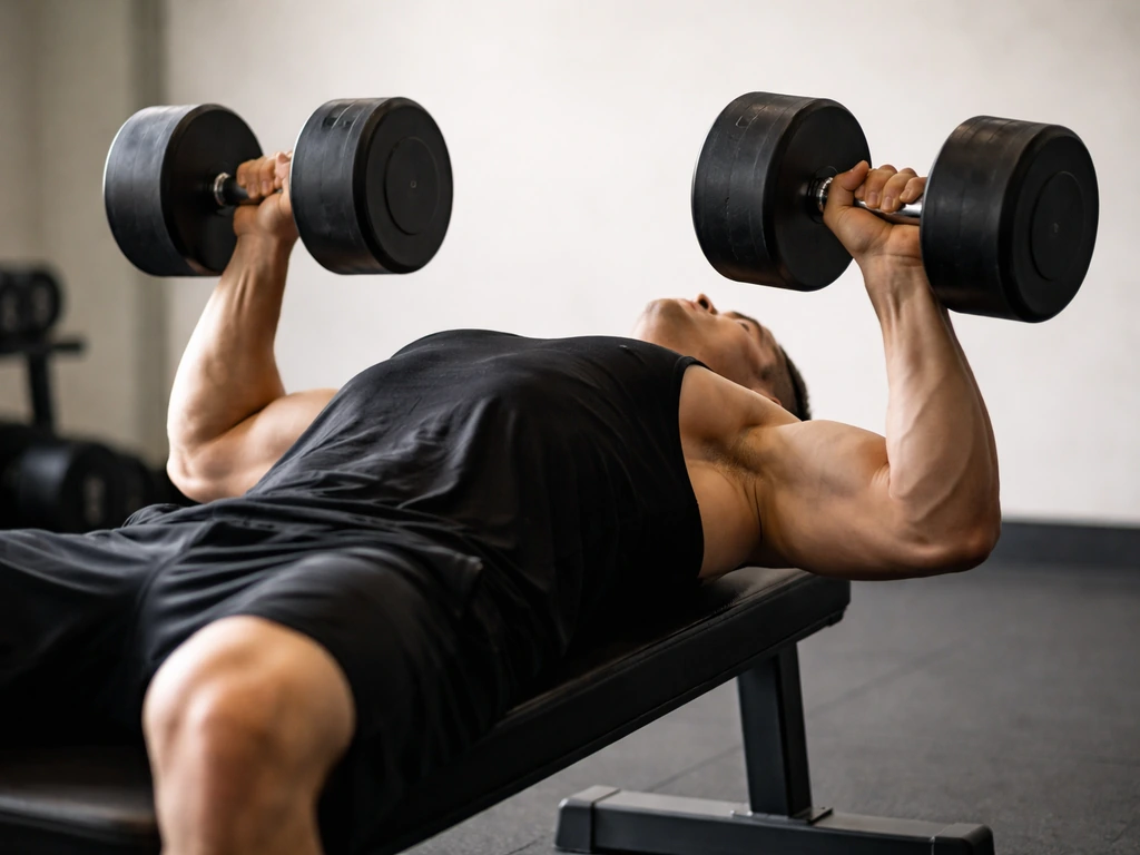 Person doing a controlled dumbbell press in a quiet gym, emphasizing tension without injury.
