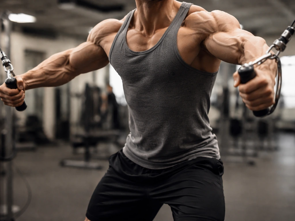 Gym cable fly moment showing arms stretched, emphasizing mechanical tension and full-range motion.