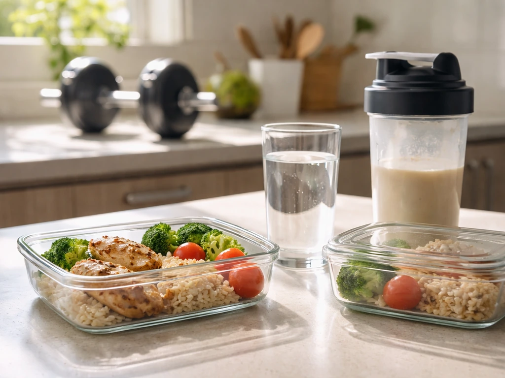 Post-workout meal prep containers and protein shaker on a kitchen counter with water and dumbbells blurred behind