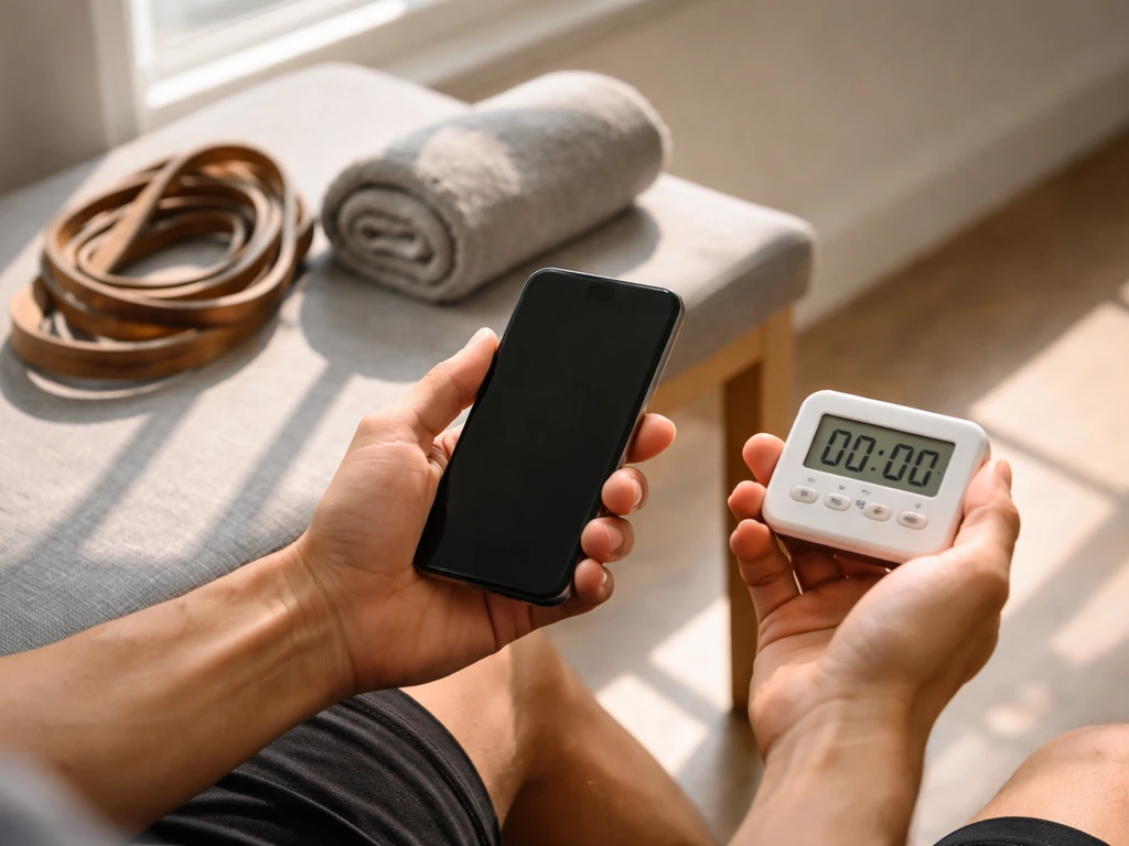 Hands with a timer and phone beside a towel and resistance band, suggesting tracking soreness and adjusting training.