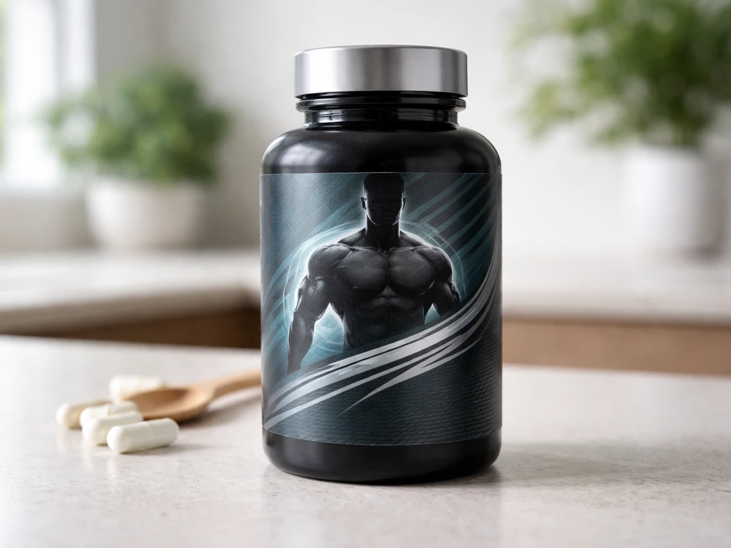 Close-up of a MyoGrow supplement bottle with label on a clean kitchen counter in natural light.