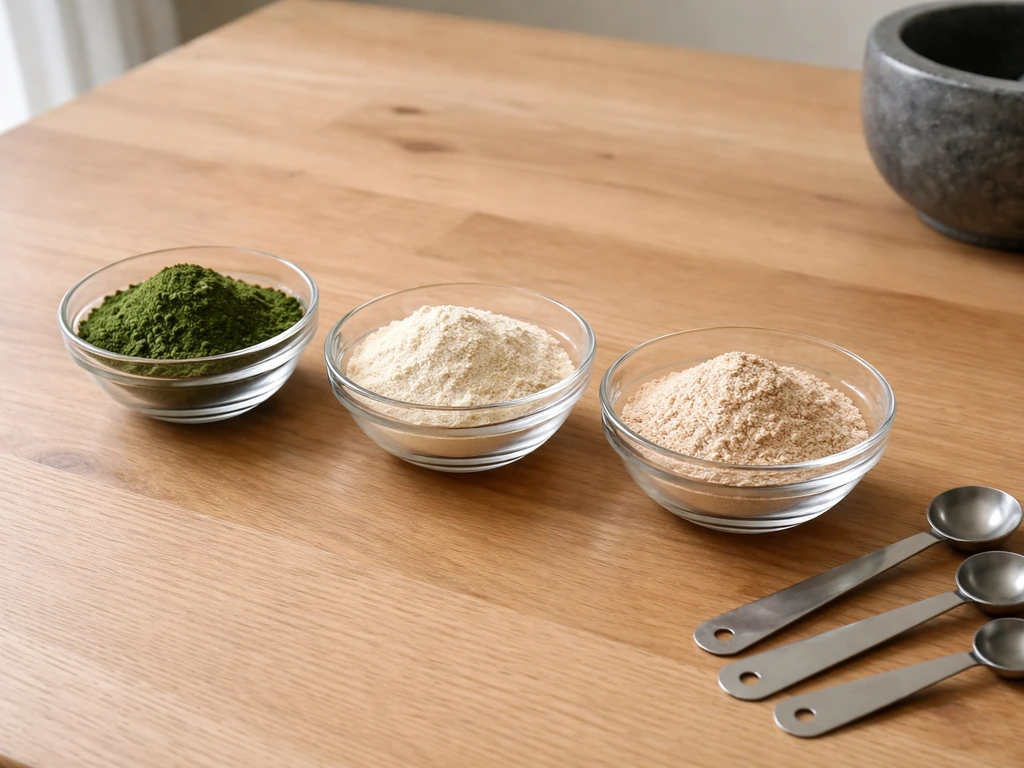 Three small glass bowls with different powders and measuring spoons on a wooden table, suggesting ingredient breakdown.